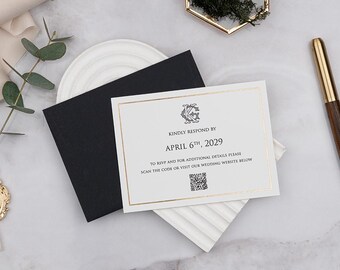 Gold Foil Wedding RSVP Card, Black Envelope Detail, QR Code Elegant Personalized Insert