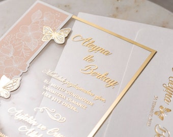 Butterfly Invitation, Acrylic Butterfly Wedding Invitation, Transparent Wedding Invitation, Gold Foil Butterfly Wedding Invitation