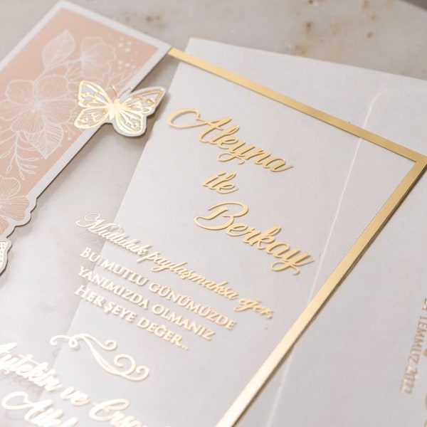 Butterfly Invitation, Acrylic Butterfly Wedding Invitation, Transparent Wedding Invitation, Gold Foil Butterfly Wedding Invitation