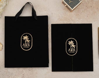 Gold Foil Black Linen Wedding Invitation, Elegant 3-Panel Design, Luxury Personalized Fabric Card