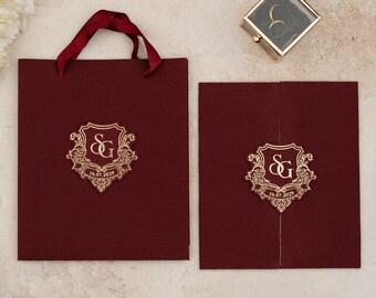 Red Linen Fabric Wedding Invitation, Gold Foil Monogram, Elegant Folded Luxury Personalized Card