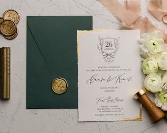Custom Wax Seal Wedding Invitation, Green & Gold Foil, Elegant Personalized Luxury Acrylic Card