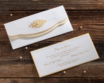 White Gold Wedding Invitations, Thick Cardboard Invitation, Luxury Wedding Invitation, Gold Embroidered Invitation, Premium Invitation