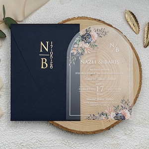 Floral Wedding Invitation, Acrylic Invitation, Wedding Invitation, Floral Pattern Invitation, Transparent Invitation, Gold Invitation