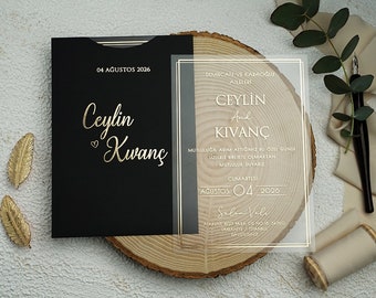 Black Envelope Wedding Invitation, Transparent Wedding Invitation With Gold Border, Transparent Invitation Card, Gold Printed Invitation