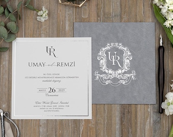 Silver Foil Wedding Invitation, Gray Envelope, Elegant Luxury Personalized Printing