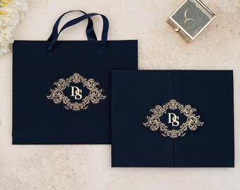 Blue Linen Wedding Invitation, Gold Foil Elegant Invitation Set, Luxury Personalized Thick Card