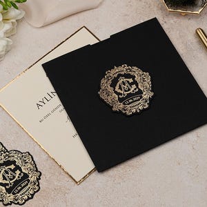 Convite de casamento preto, convite de casamento em cartão grosso, convite dourado, convite de casamento de luxo, convite em tecido