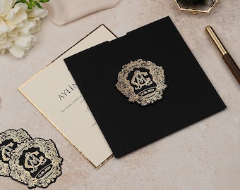 Black Wedding Invitation, Gold Foil Monogram Envelope, Thick Cream Card, Elegant Formal Wedding Invite
