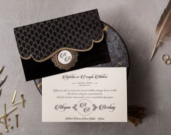 Invitación de boda negra, conjunto de invitación negro magnífico elegante, lámina de oro sobre sobre negro, terciopelo