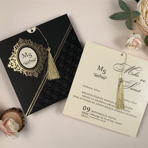 Faire-part de mariage or noir, Laser Invitation, faire-part de mariage, faire-part de luxe, laque İnvitations, mariage noir İnvitation