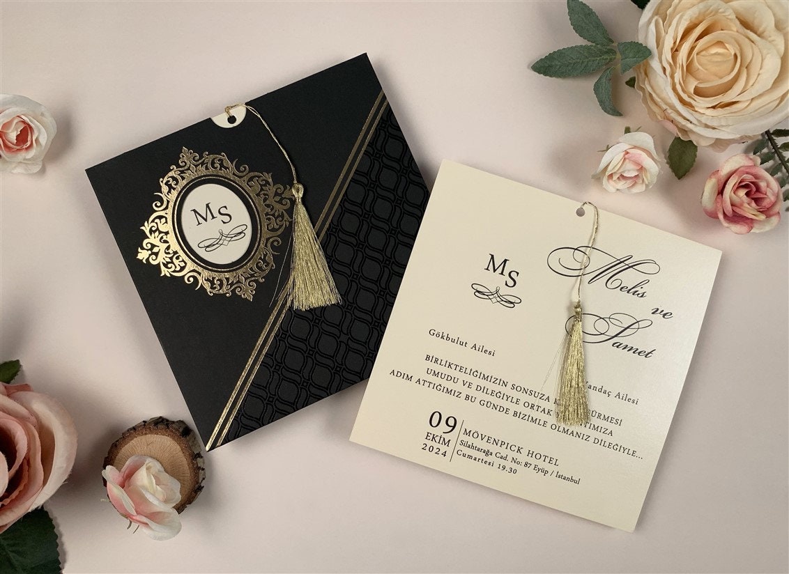 Luxury Gold Monogram Black Acrylic Wedding Invitation BACR02
