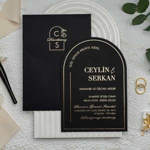 Or - Faire-part de mariage noir, Faire-part de mariage découpé au laser, Faire-part de mariage, Invitation élégante, Invitation d'estampage