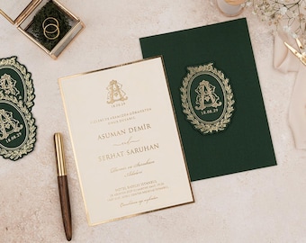 Emerald Green Wedding Invitation, Gold Foil Monogram, Elegant Thick Card, Luxury Personalized Design