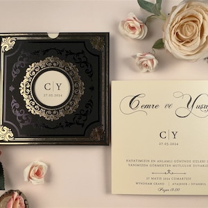 Faire-part de mariage or noir, Laser Invitation, faire-part de mariage, faire-part de luxe, laque İnvitations, mariage noir İnvitation