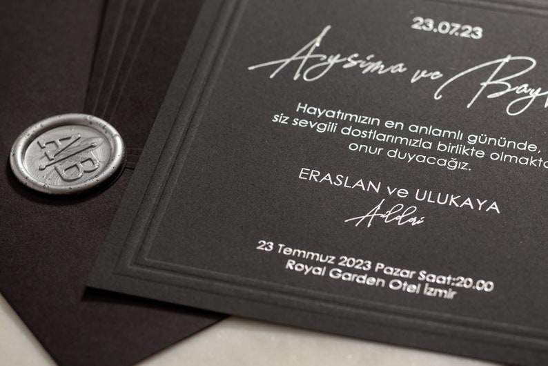 Custom Silver Printed Invitation Card, Wax Seal Invitation Card, Black Luxury Invitation Card, Black Envelope Invitation Card image 2