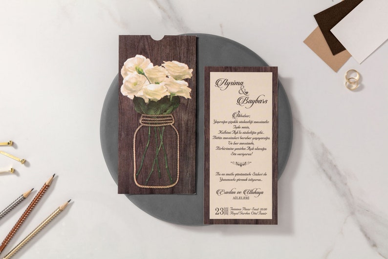Wood Color Wedding Invitation, Wedding Invitation, Elegant Invitation, Flower Vase Invitation, Invitation Card, Gilding Invitation image 2