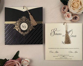 Black Gold Wedding Invitation, Laser Invitation, Wedding Invitation, Luxury Invitation, Lacquer İnvitations, Black Wedding İnvitation