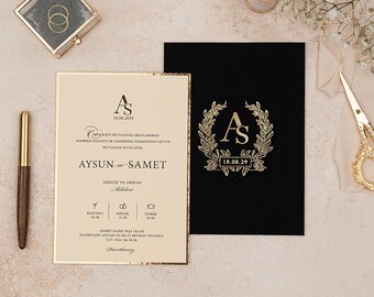 Gold Foil Monogram Wedding Invitation, Black Card with Fabric Envelope, Elegant Personalized Luxury Design