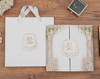 Gold Foil Floral Wedding Invitation, Luxury Tri-Fold Card, Elegant Personalized Invite with Gift Bag