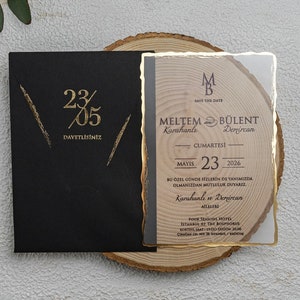 Convite de casamento em envelope preto, convite de casamento transparente com borda dourada, cartão de convite transparente