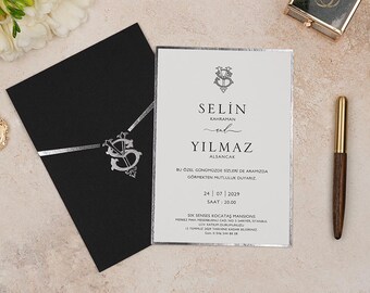 Black Wedding Invitation, Silver Foil Printed Design, Elegant Personalized Luxury Wedding Card