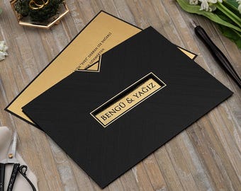 Gold Printed Black Wedding Invitation, Luxury Foil Design, Elegant Personalized Wedding Card