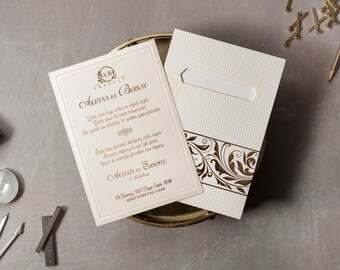 Gold Foil Wedding Invitation, White Velvet Card with Honeycomb Envelope, Elegant Luxury Personalized Set