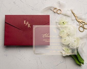 Red Envelope Acrylic Wedding Invitation, Gold Foil Transparent Card, Elegant Personalized Luxury Design