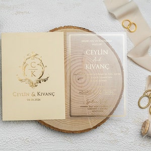 Faire-part de mariage enveloppe crème, Faire-part de mariage transparent avec bordure dorée, Carte d'invitation transparente