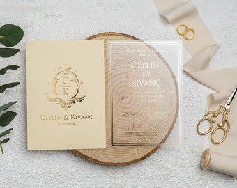 Invitación de boda de sobre crema, invitación de boda transparente con borde dorado, tarjeta de invitación transparente