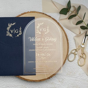 Invitation de mariage enveloppe bleue, faire-part de mariage transparent avec bordure dorée, carte d'invitation transparente
