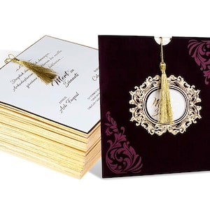 Invitación de boda con bolsa, Invitación de cartón grueso, Invitación de boda de lujo, Invitación bordada en oro, Invitación premium
