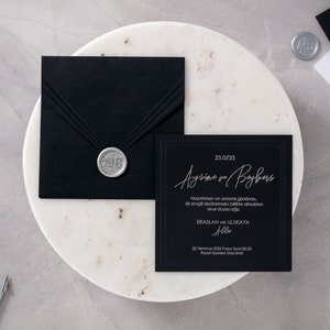 Custom Silver Printed Invitation Card, Wax Seal Invitation Card, Black Luxury Invitation Card, Black Envelope Invitation Card image 1