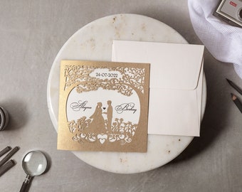 Convite de casamento coberto com corte a laser, convite de casamento, convite elegante, convite de diamante, convite, convite dourado