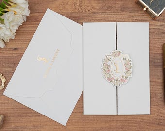 Gold Foil Monogram Wedding Invitation Set, Textured Tri-Fold Design, Elegant Personalized Luxury Invite