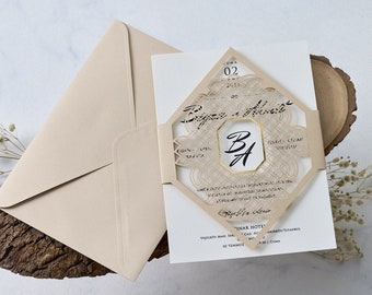 Laser Cut Wedding Invitation, Laser Engraving Invitation, Elegant Invitation, Milky Brown Wedding Invitation, Gilding Invitation