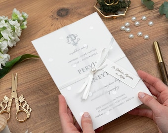 Pearl Stone Wedding Invitation, Transparent Envelope Set, Elegant Personalized Luxury Invite