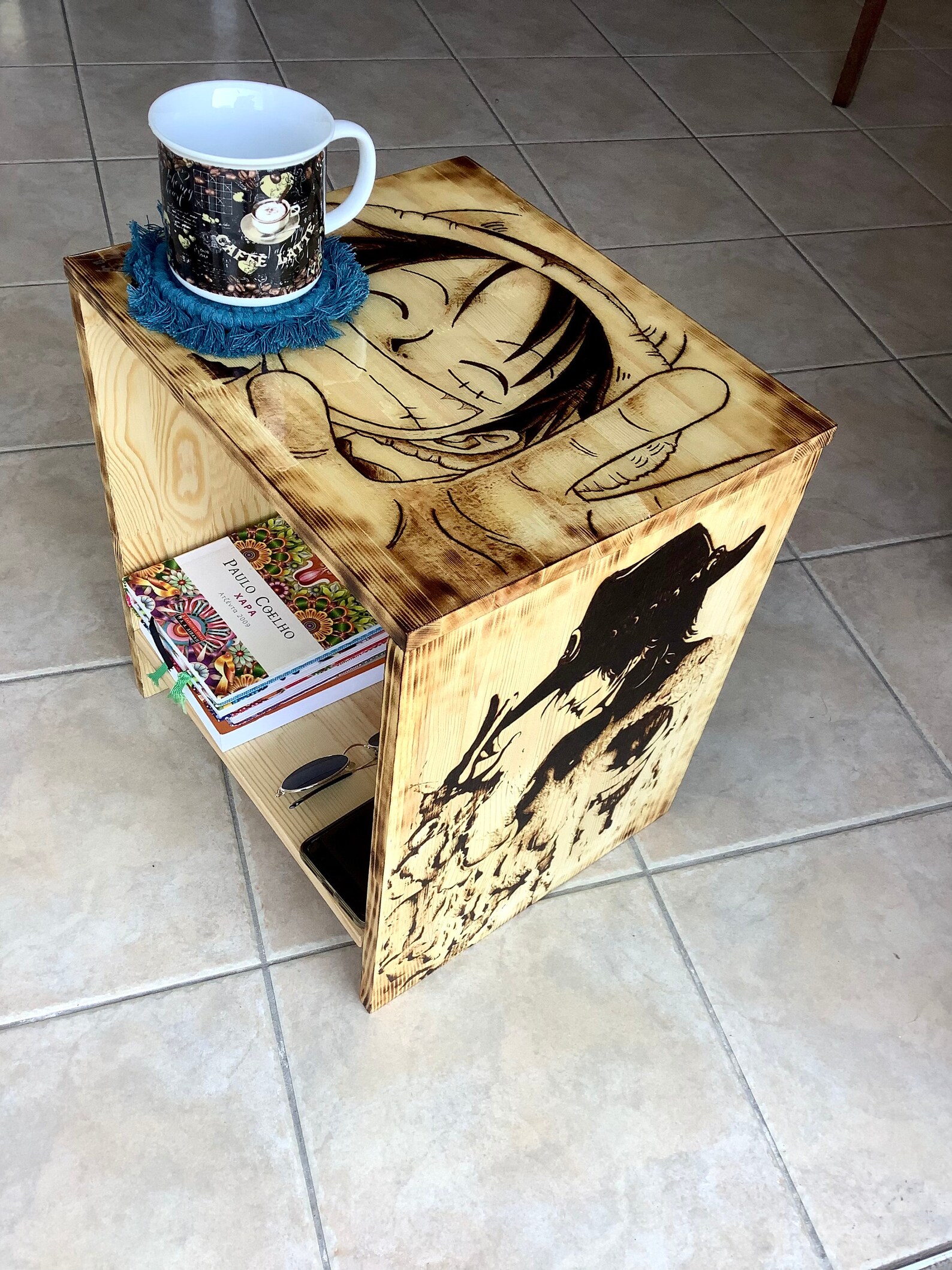 One Piece Wooden Bed Side Table With Handmade Pyrography / - Etsy