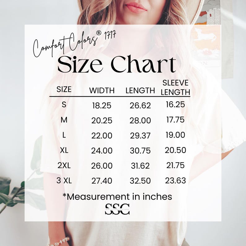 May include: A white t-shirt with a size chart printed on it. The chart includes measurements in inches for width, length, and sleeve length for sizes S through 3XL. The brand name "Comfort Colors" is at the top.