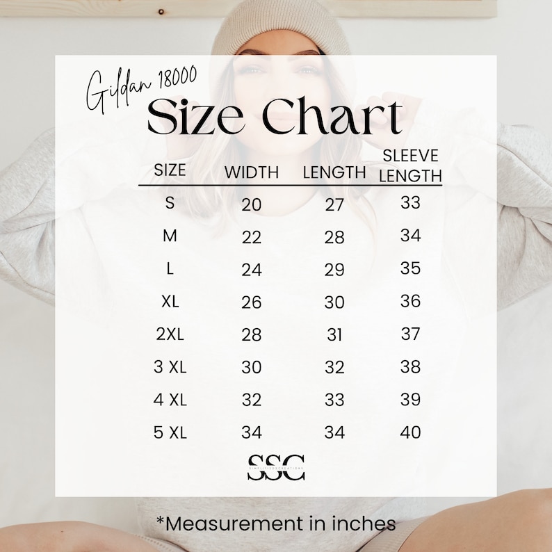May include: Size chart for Gildan 18000 shirts, showing measurements in inches for width, length, and sleeve length for sizes S through 5XL.