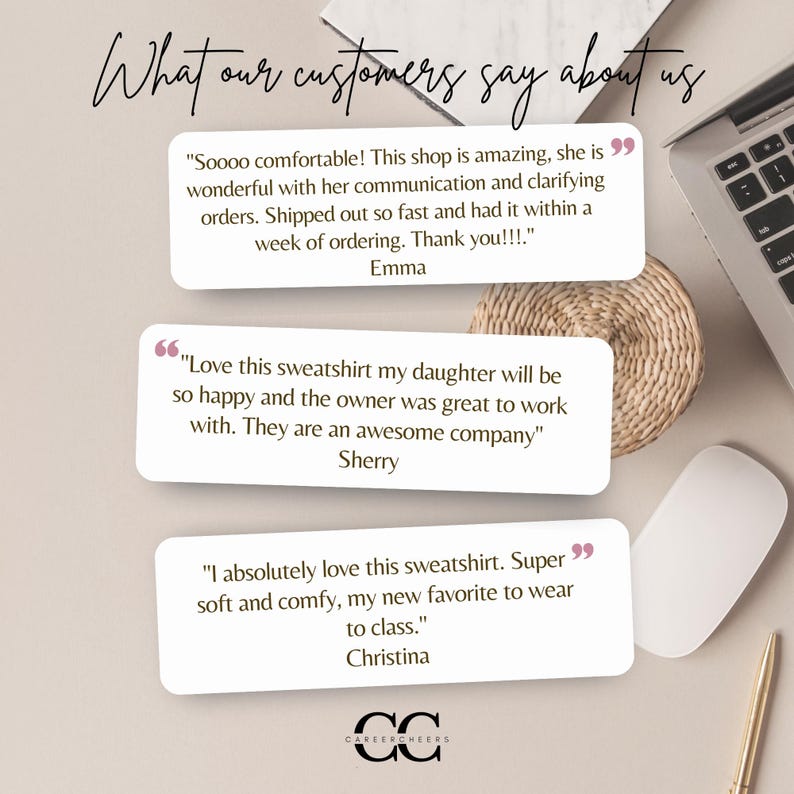 May include: Image featuring customer testimonials about a shop. The text includes positive feedback about comfort, communication, and shipping speed. The shop's logo, "CAREERCHEERS," is at the bottom. A laptop, mouse, and pen are also visible.