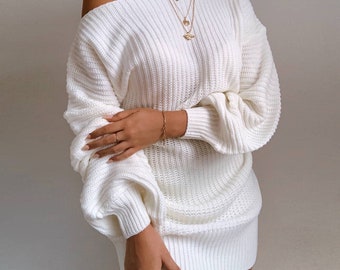 Lantern Sleeved Knitted Sweater Dress
