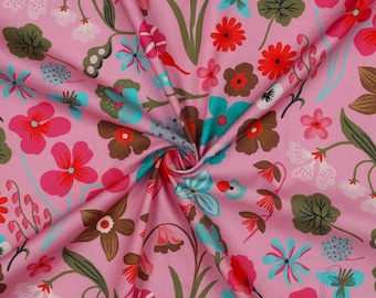 Tessuto in popeline di cotone floreale Nerida Hansen: stampa prato rosa chiaro