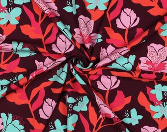 May include: A burgundy fabric with a floral print featuring pink, teal, and orange flowers. The fabric has a textured surface and is perfect for crafting projects.
