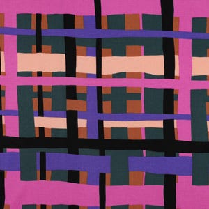 May include: Abstract geometric pattern fabric with pink, black, brown, and purple stripes and squares.