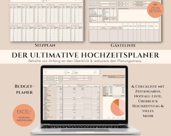 Sofort DOWNLOAD | Hochzeitsplaner 2023/2024 deutsch digital | Exceldatei zum Befüllen | mit Budgetplanung, Gästeliste-Tracker, Sitzplan & Co