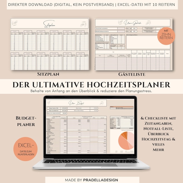 Sofort DOWNLOAD | Hochzeitsplaner 2023/2024 deutsch digital | Exceldatei zum Befüllen | mit Budgetplanung, Gästeliste-Tracker, Sitzplan & Co