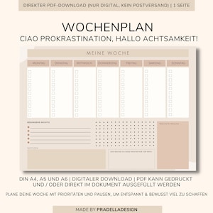 Sofort DOWNLOAD | Wochenplaner digital deutsch | Din A4, A5 & A6 | zum selber Ausdrucken | Ciao Prokrastination, Hallo Achtsamkeit