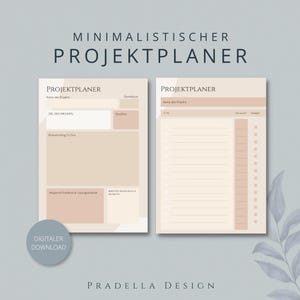 Könnte beinhalten: Zwei Seiten eines Projektplaners mit beigen und cremefarbenen Farbblöcken. Die linke Seite enthält Abschnitte für Projektname, Ziel, Brainstorming und Probleme. Die rechte Seite zeigt eine linierte Aufgabenliste mit Kästchen. Text: "MINIMALISTISCHER PROJEKTPLANER" und "DIGITALER DOWNLOAD".